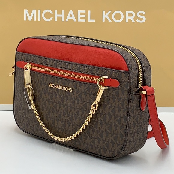 MICHAEL KORS LARGE EAST WEST ZIP CHAIN XBODY FLAME MULTI/ BROWN - Picture 4 of 16